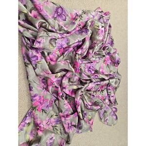 Silk Chiffon Scarf Floral Rolled Green Lavender Pink 39" Square Unbranded